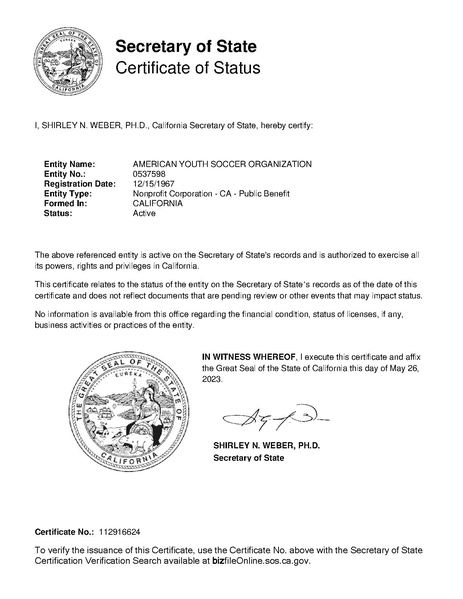 File:AMERICAN YOUTH SOCCER ORGANIZATION-CA-Good Standing 2023 0526.pdf